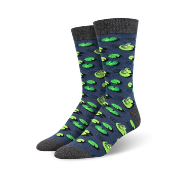dark blue leaping lily pads bamboo crew socks with green lily pads and lime-green frogs.   