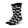 Pair of black bamboo crew socks with a white dice pattern.  The dice are scattered across the socks in a playful design.
