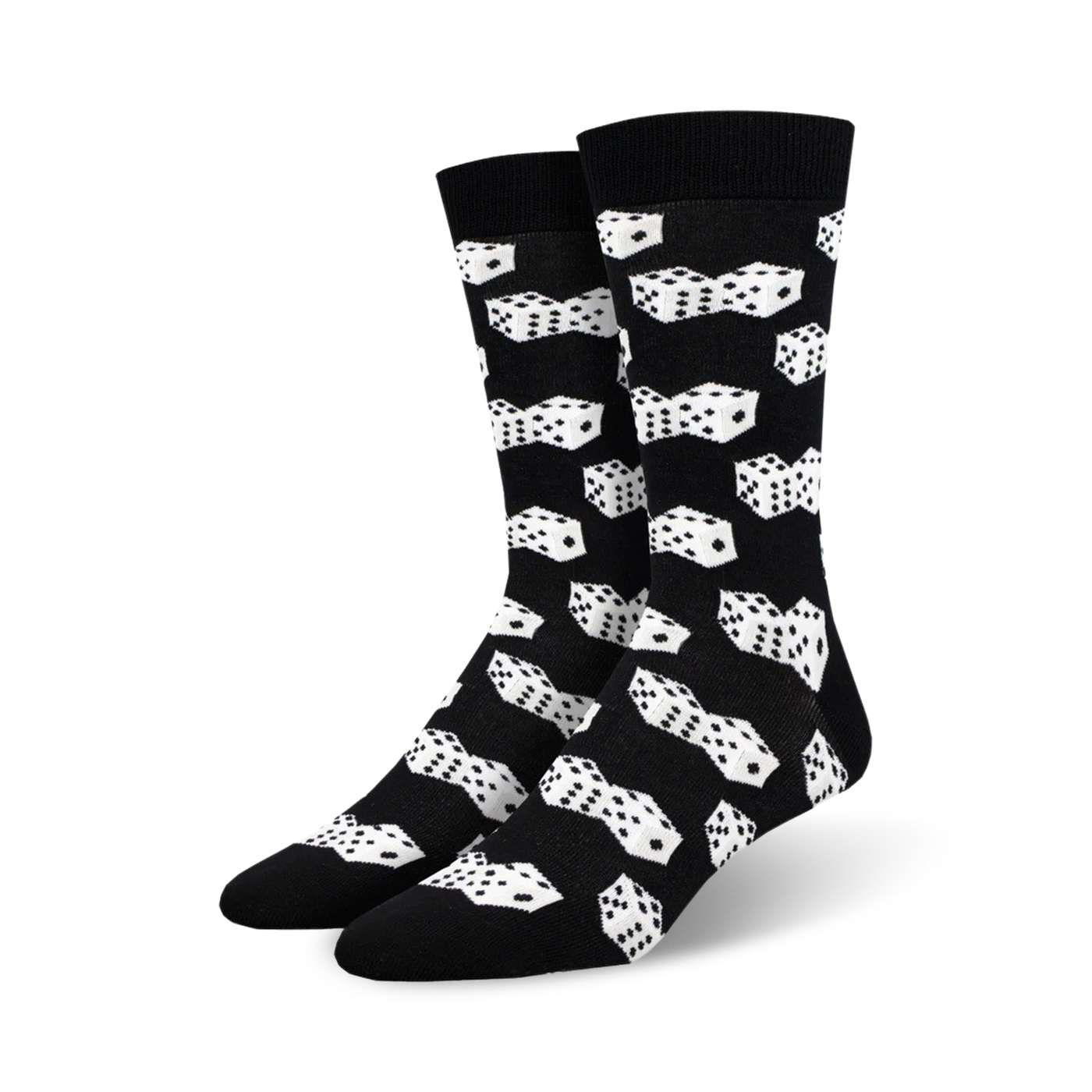 Pair of black bamboo crew socks with a white dice pattern.  The dice are scattered across the socks in a playful design.