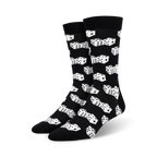 Pair of black bamboo crew socks with a white dice pattern.  The dice are scattered across the socks in a playful design.