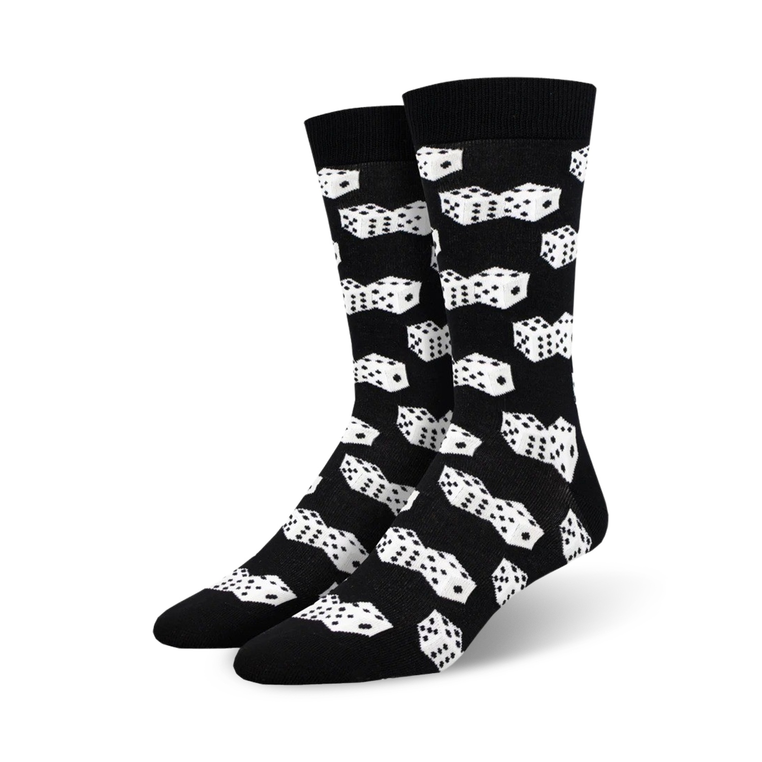 Pair of black bamboo crew socks with a white dice pattern.  The dice are scattered across the socks in a playful design.