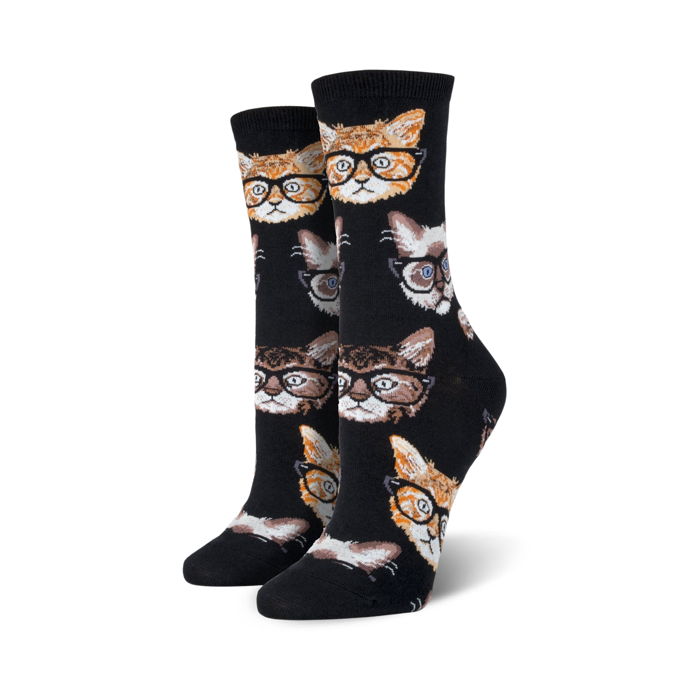 Pair of black crew socks with a repeating pattern of cats wearing glasses.  The cats are orange, tan, and gray.