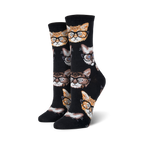 Pair of black crew socks with a repeating pattern of cats wearing glasses.  The cats are orange, tan, and gray.