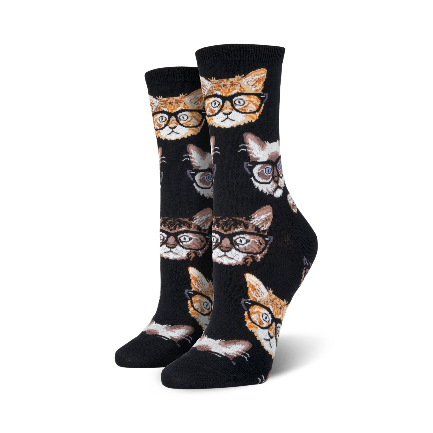 Pair of black crew socks with a repeating pattern of cats wearing glasses.  The cats are orange, tan, and gray.