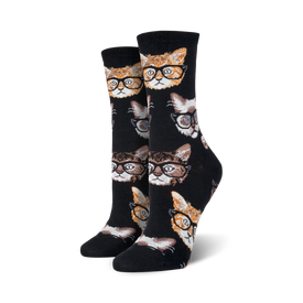 cartoon cat with eyeglasses pattern on black crew length socks for women.   