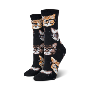 cartoon cat with eyeglasses pattern on black crew length socks for women.   