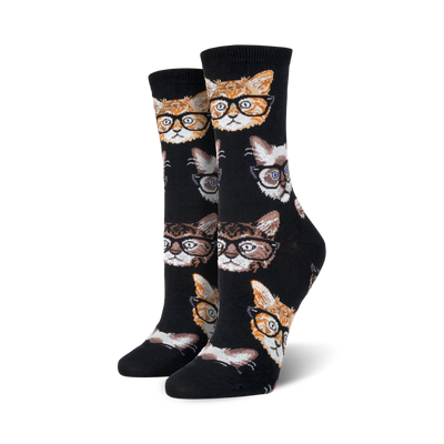 Pair of black crew socks with a repeating pattern of cats wearing glasses.  The cats are orange, tan, and gray.