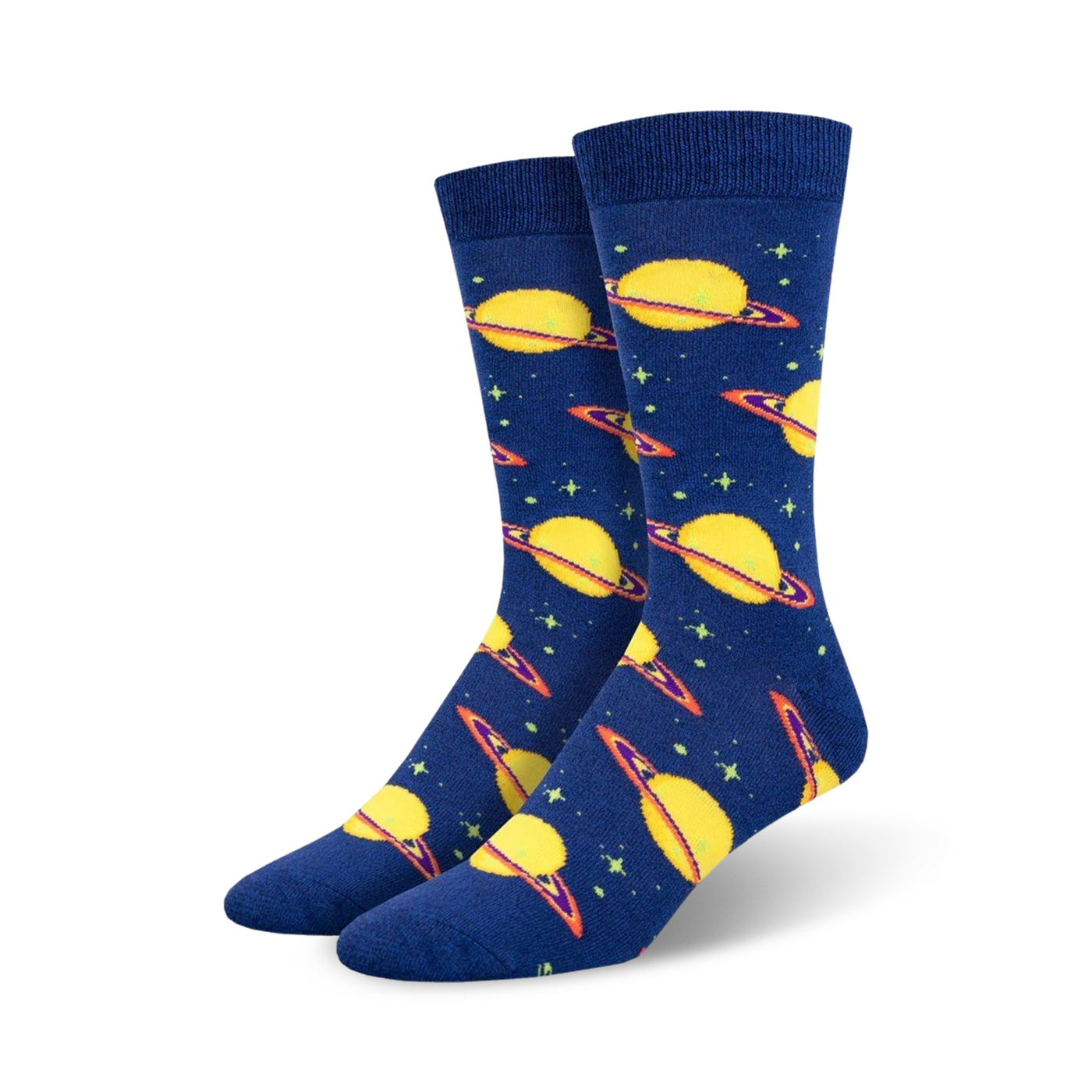 Pair of crew socks in navy blue with a pattern of yellow planets and rings. Stars are scattered on the background. Made of bamboo.