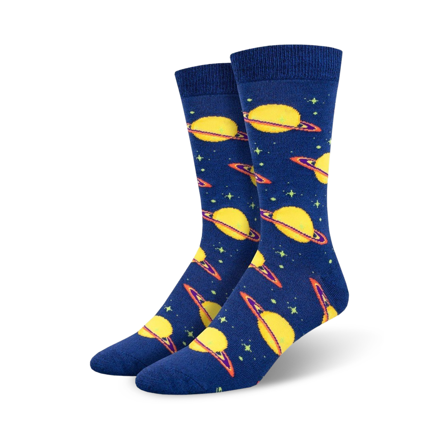 Pair of crew socks in navy blue with a pattern of yellow planets and rings. Stars are scattered on the background. Made of bamboo.