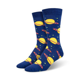 mens blue saturn planet crew socks with orange ring and constellation stars   