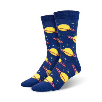 mens blue saturn planet crew socks with orange ring and constellation stars   