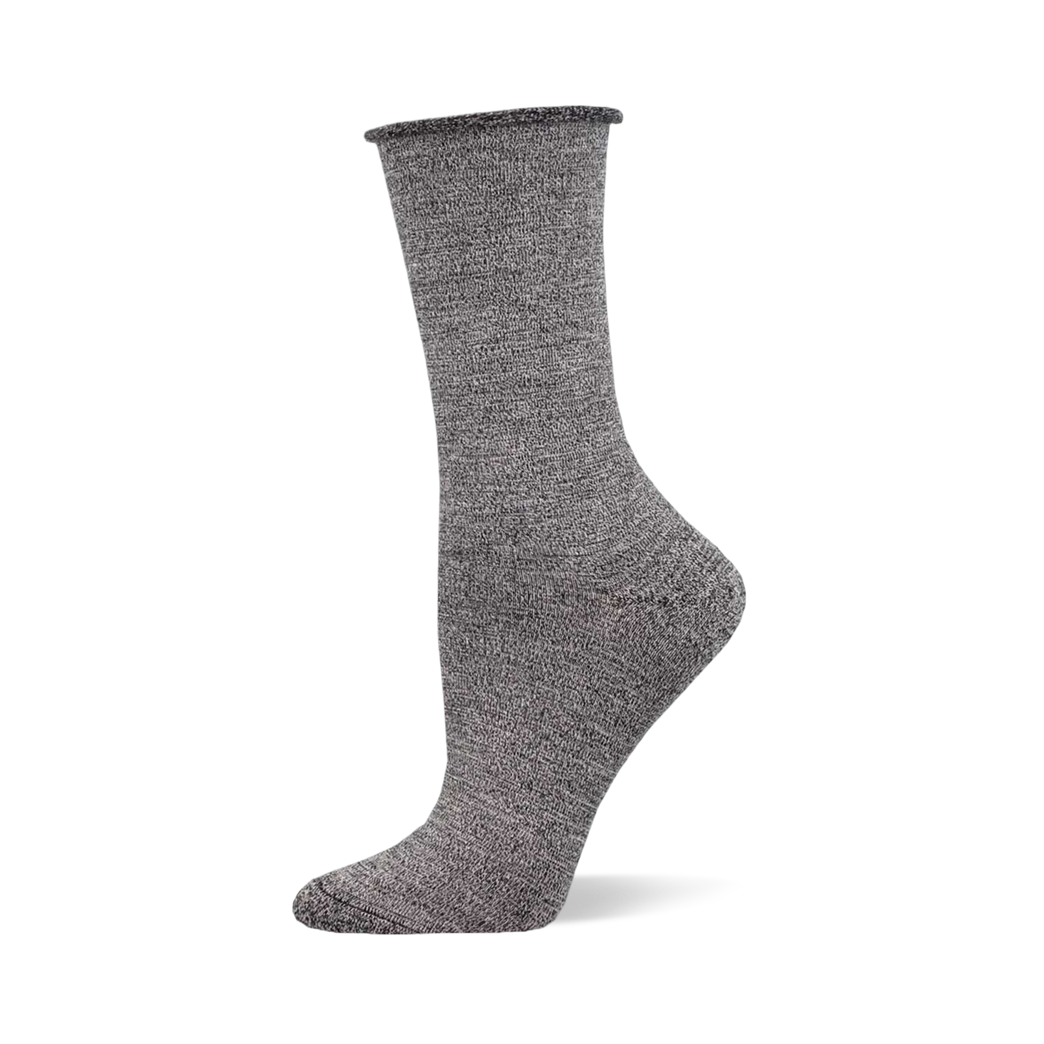 Solid black crew sock made of bamboo fabric with a relaxed roll-top cuff, displayed on a mannequin foot.