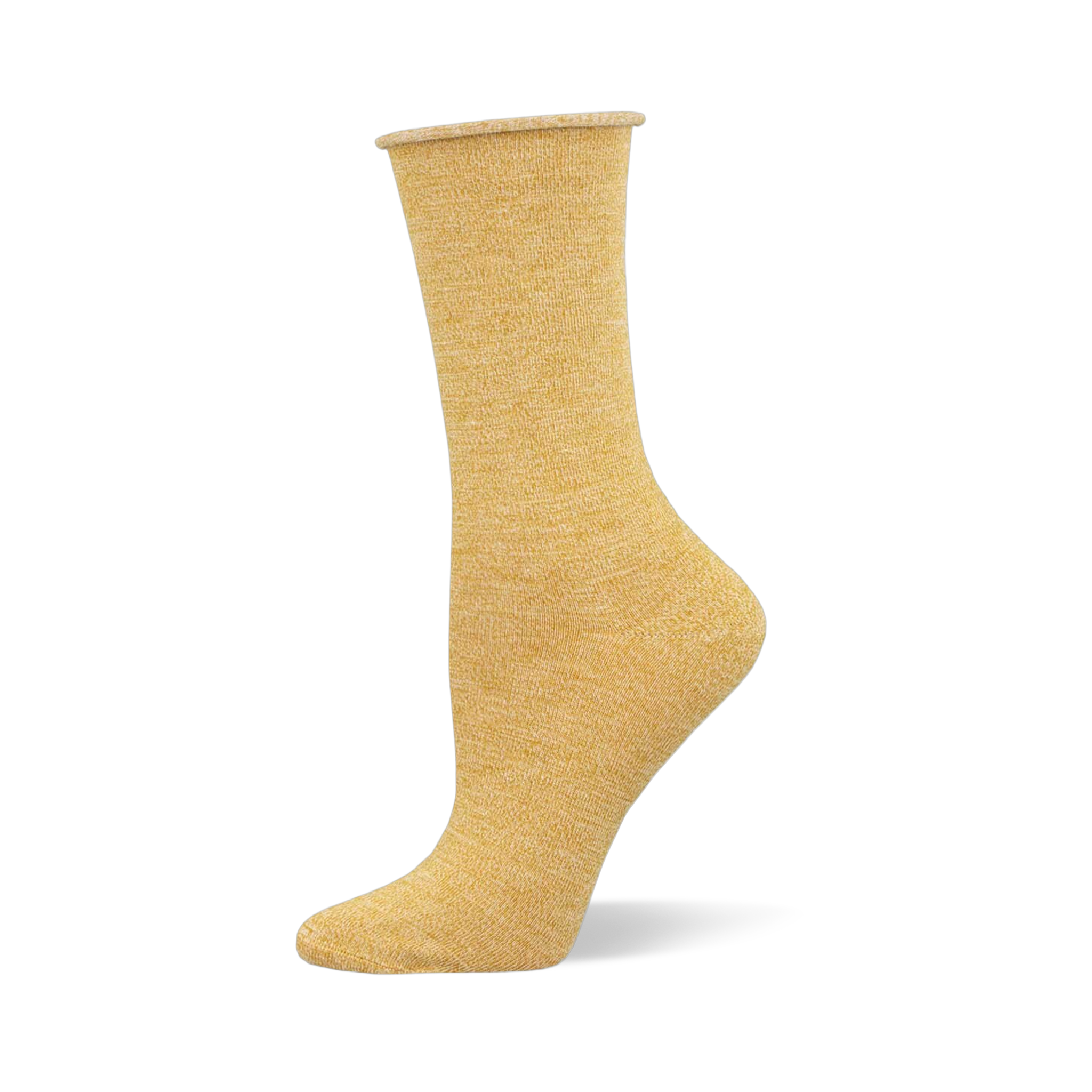 Solid black crew sock made of bamboo fabric with a relaxed roll-top cuff, displayed on a mannequin foot.
