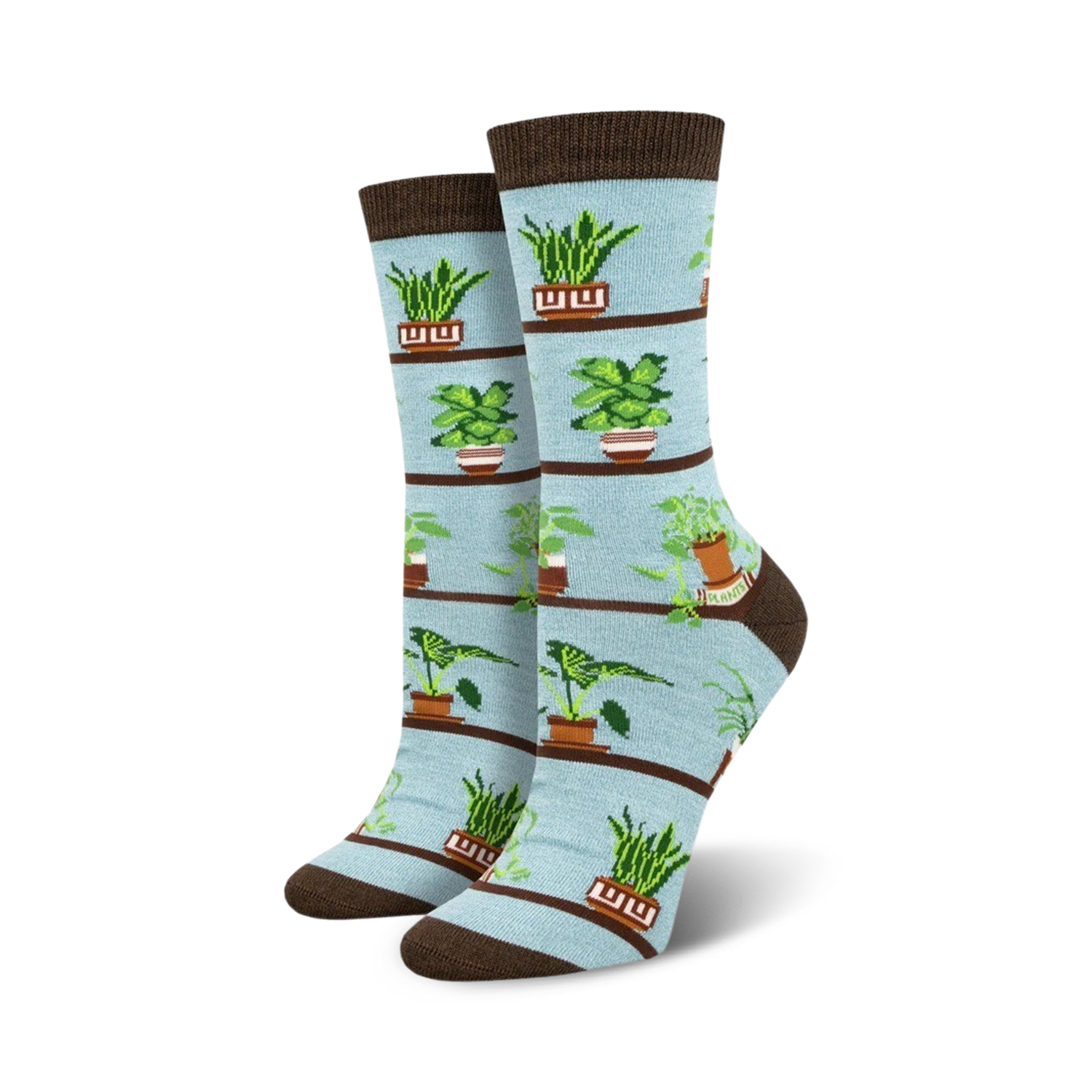 Crew socks with a light blue background featuring illustrated potted plants on shelves. Brown cuff.