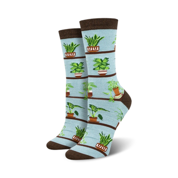 blue and green botanical-themed crew socks for women with a houseplant pattern in brown pots.  