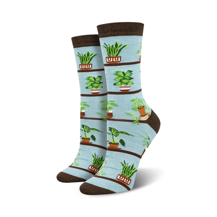 blue and green botanical-themed crew socks for women with a houseplant pattern in brown pots.  