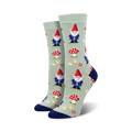 Pair of crew socks, sage green, featuring gnomes, mushrooms, and flowers. 