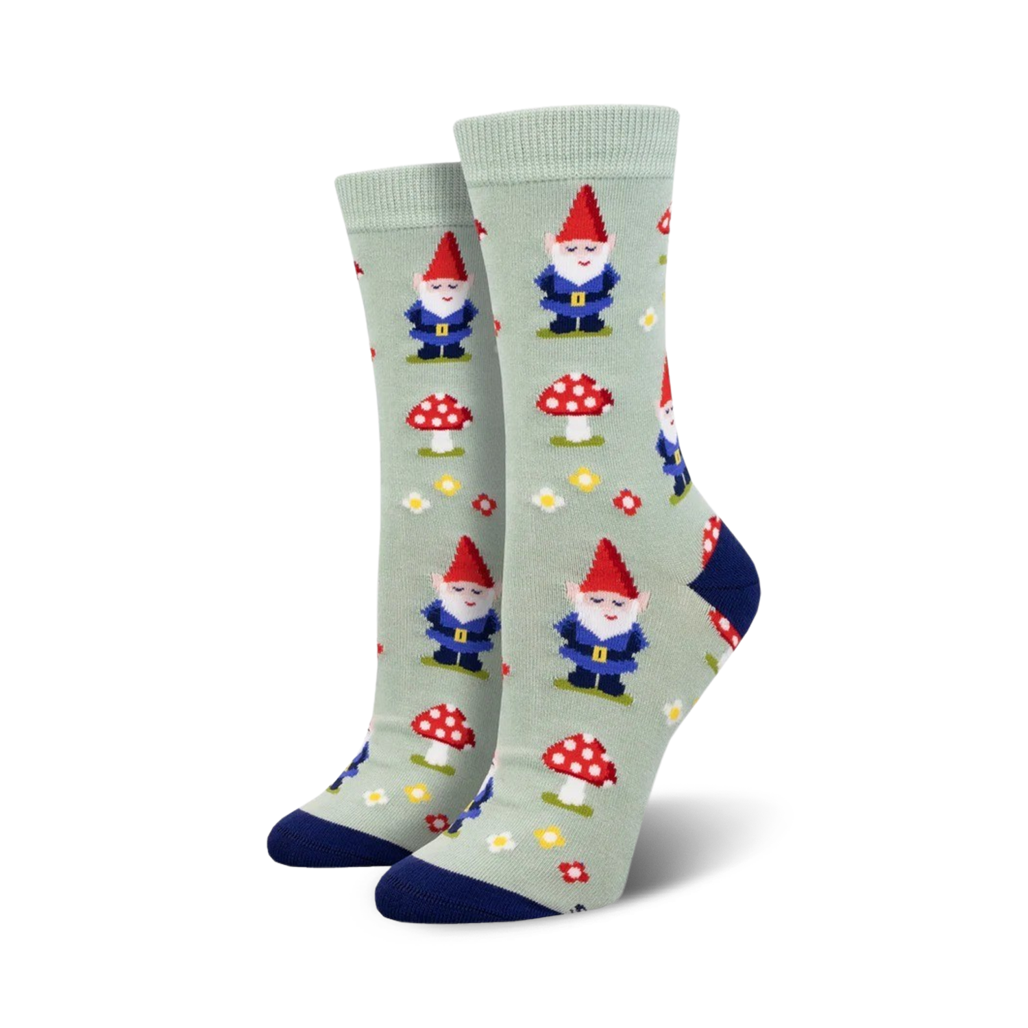Pair of crew socks, sage green, featuring gnomes, mushrooms, and flowers. 