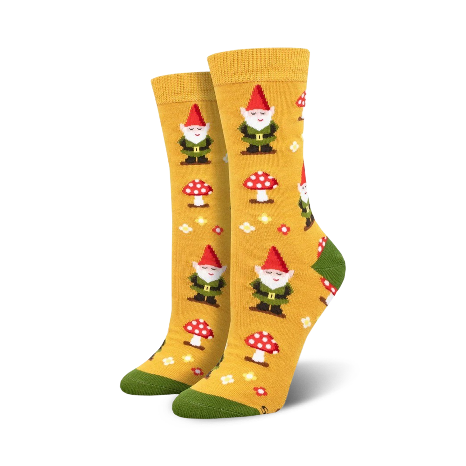 Close-up of mustard yellow gnome mushroom socks.