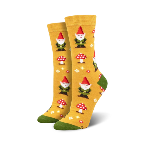 Close-up of mustard yellow gnome mushroom socks.