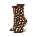 A pair of brown crew socks with colorful mushroom illustrations. The mushrooms are red, orange, yellow, and purple.