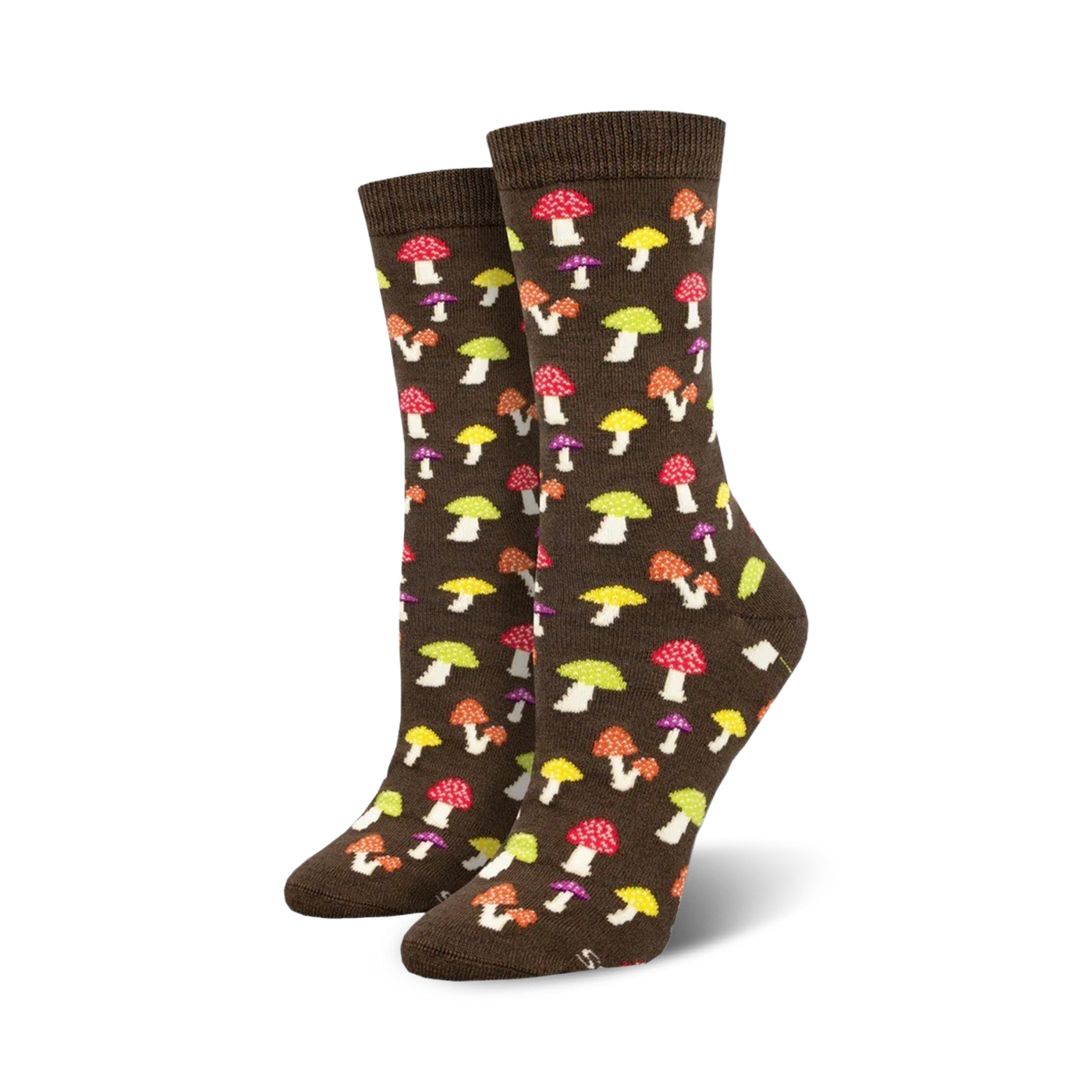 A pair of brown crew socks with colorful mushroom illustrations. The mushrooms are red, orange, yellow, and purple.