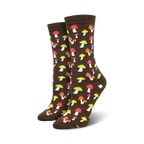 A pair of brown crew socks with colorful mushroom illustrations. The mushrooms are red, orange, yellow, and purple.