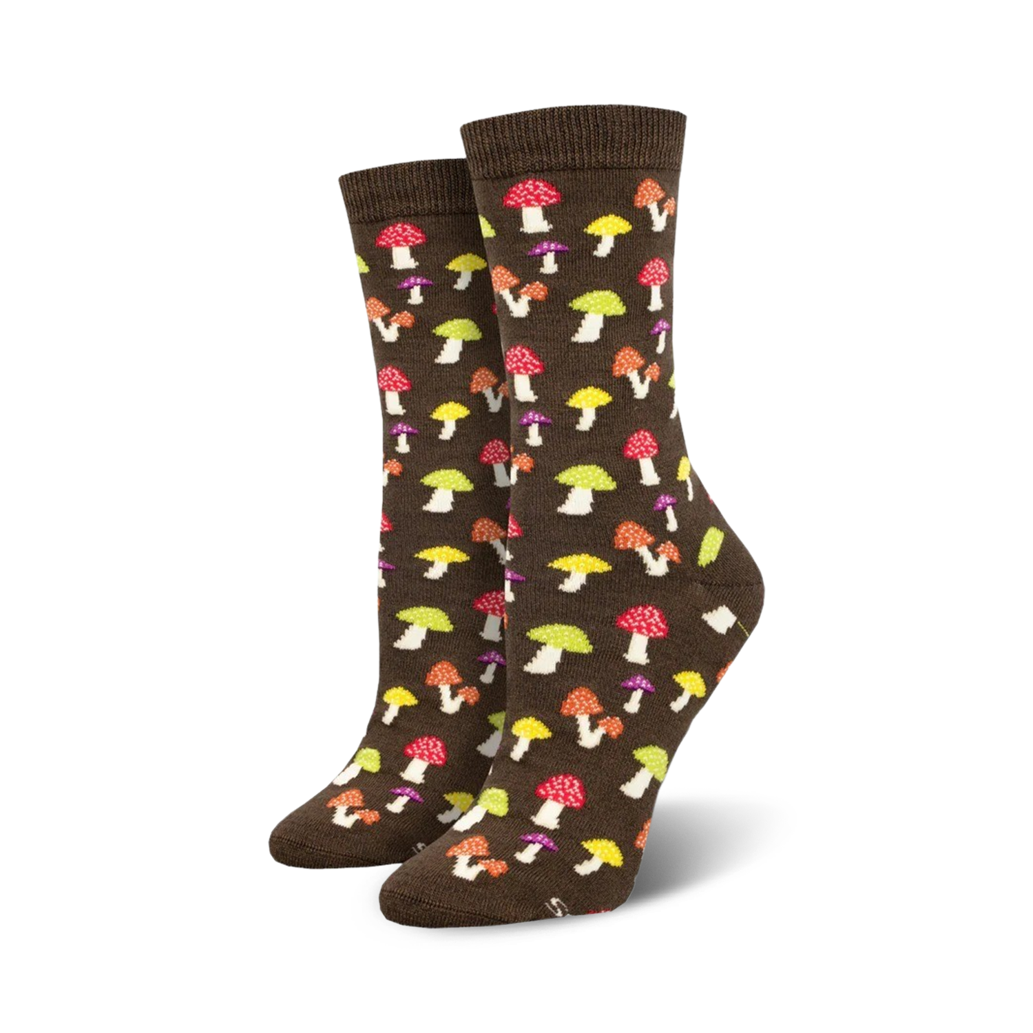 A pair of brown crew socks with colorful mushroom illustrations. The mushrooms are red, orange, yellow, and purple.
