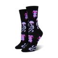 Pair of women's crew socks, black background with pink and purple jellyfish pattern. Made from bamboo material.