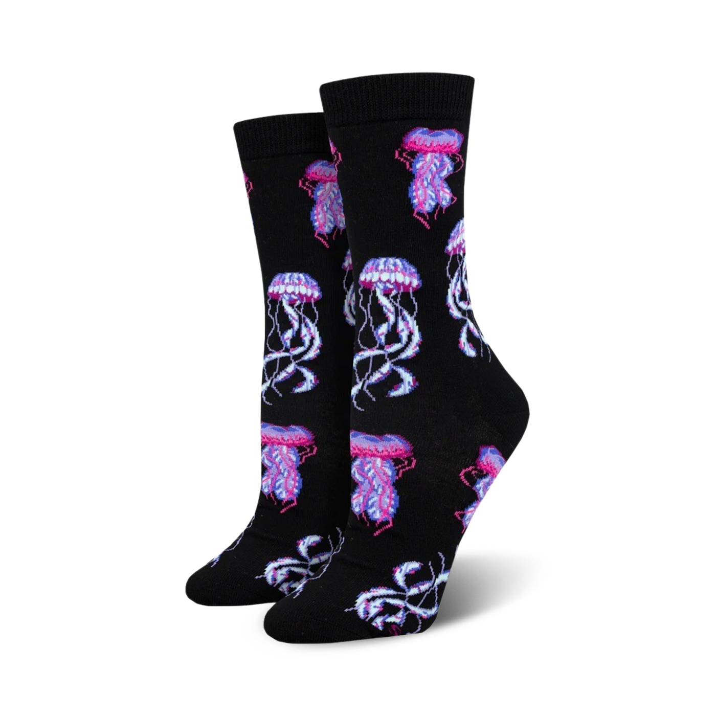 Pair of women's crew socks, black background with pink and purple jellyfish pattern. Made from bamboo material.