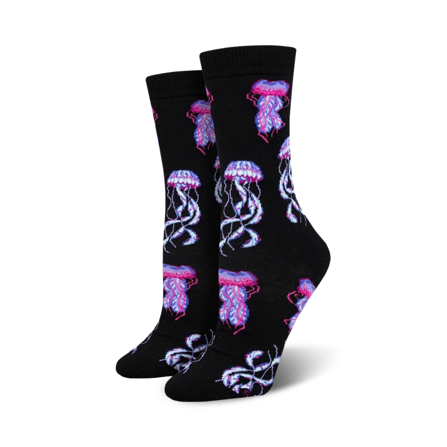 Pair of women's crew socks, black background with pink and purple jellyfish pattern. Made from bamboo material.