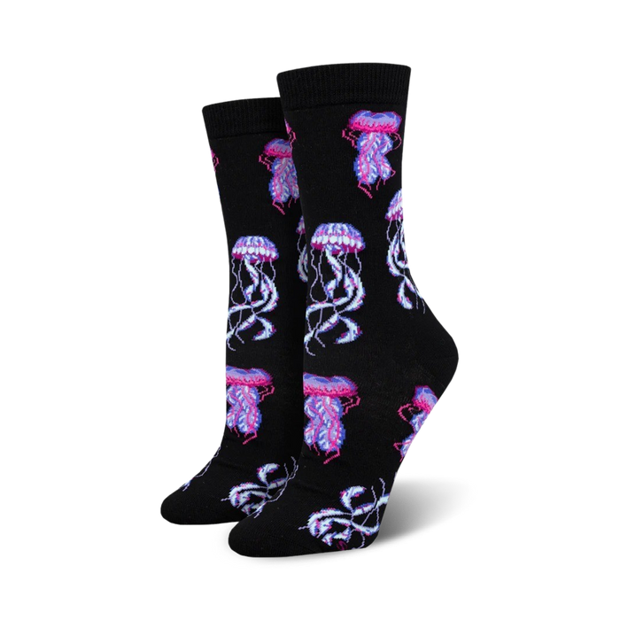  women's deep sea jellies bamboo crew socks in dark pink, purple, blue, and light pink.   