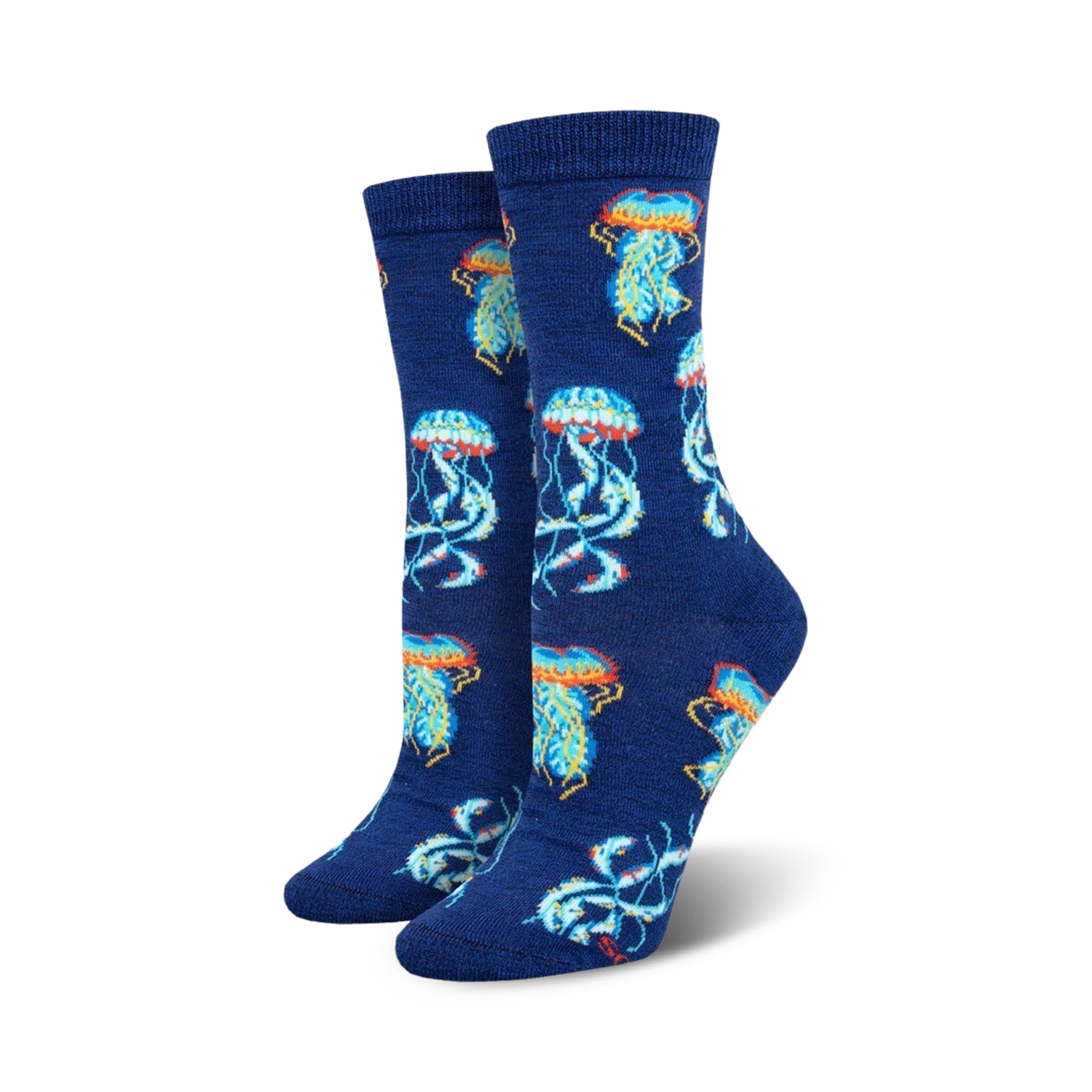 Lifestyle shot showing the Deep Sea Jellies socks on a person's feet, highlighting the sock's color and design in a real-world setting.