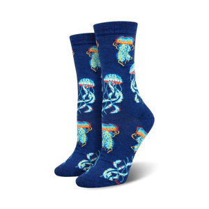 womens deep sea jellies bamboo socks in crew length showcase an allover pattern of multicolored jellyfish with orange, yellow, and blue tentacles.   