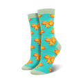 Pair of teal crew socks featuring a pattern of orange goldfish.  Soft bamboo material.  Fun and quirky design.