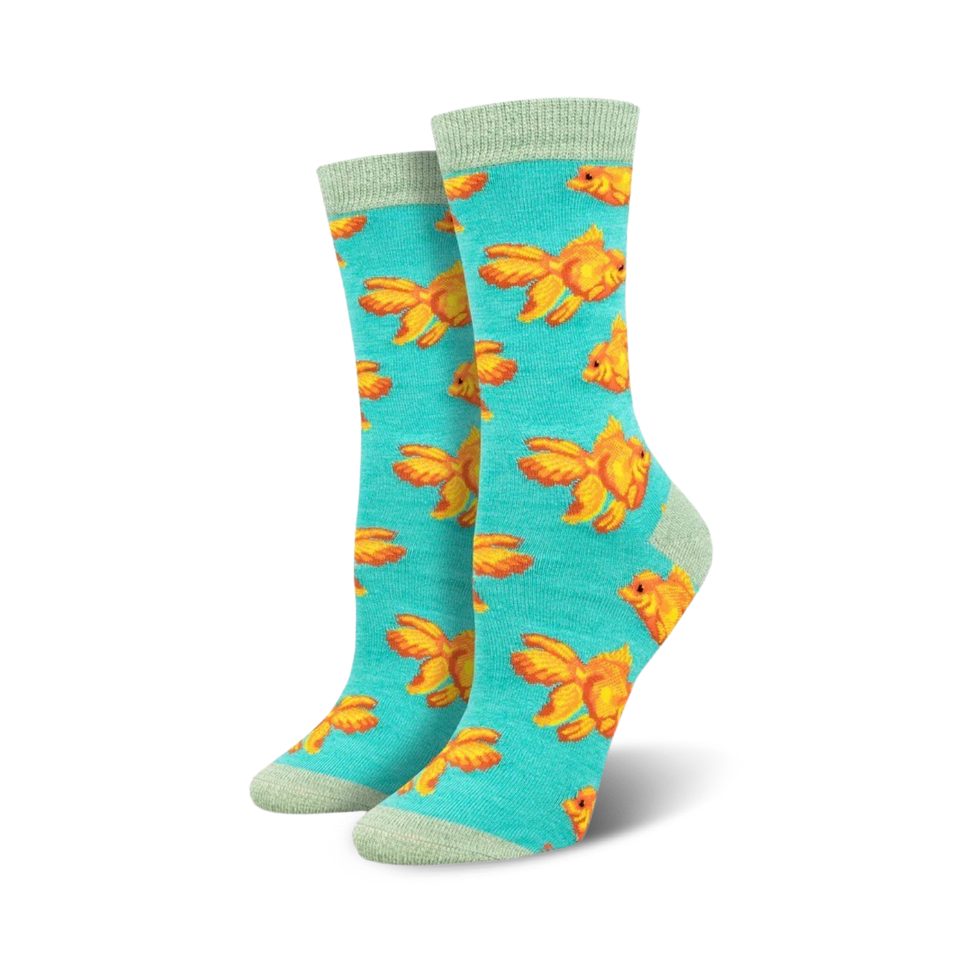 Pair of teal crew socks featuring a pattern of orange goldfish.  Soft bamboo material.  Fun and quirky design.