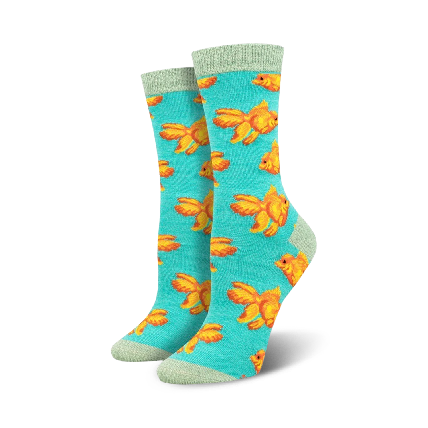 Pair of teal crew socks featuring a pattern of orange goldfish.  Soft bamboo material.  Fun and quirky design.