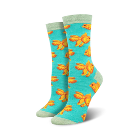 blue crew socks with cartoon goldfish pattern.   