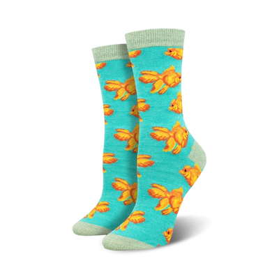 blue crew socks with cartoon goldfish pattern.   