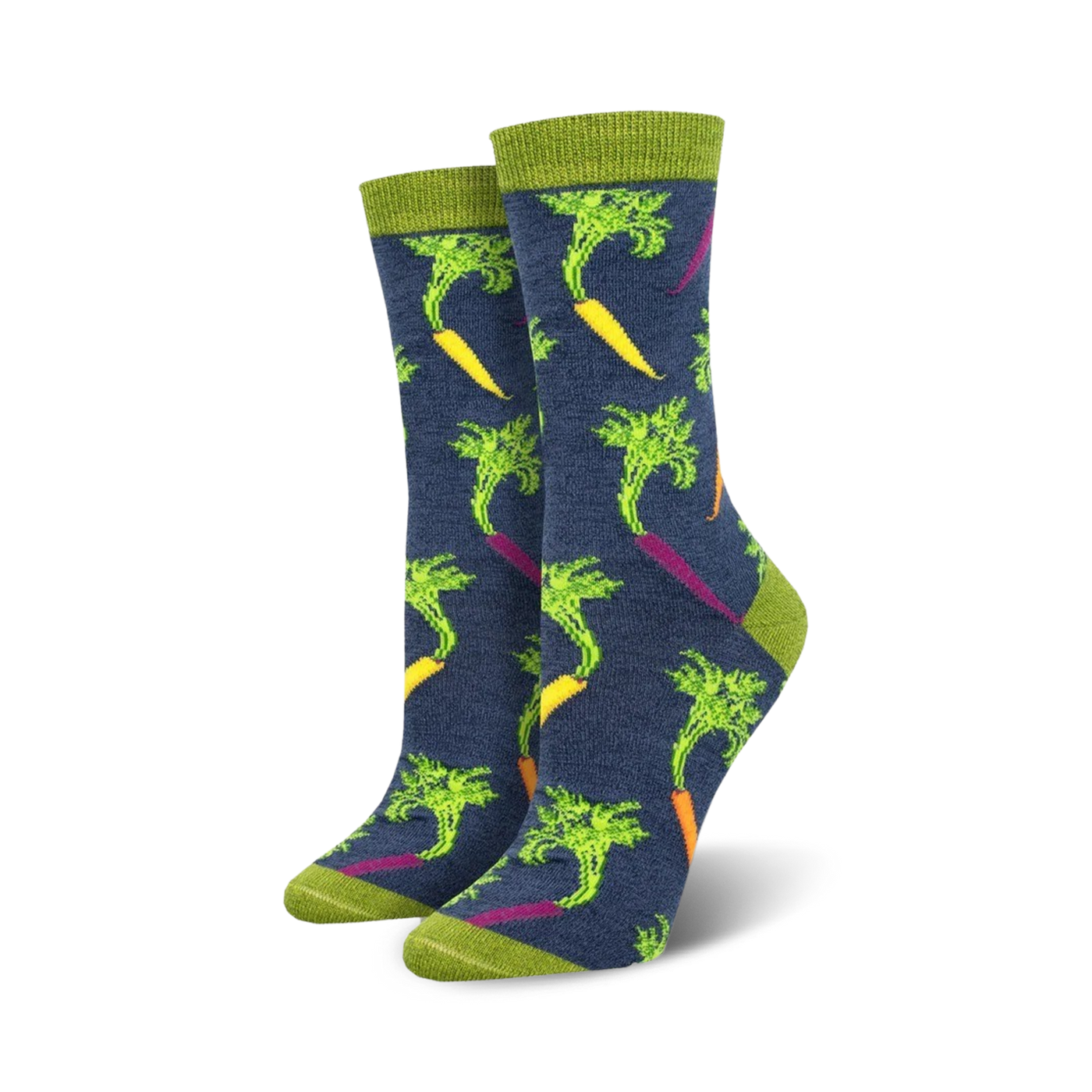 A pair of women's crew socks in navy blue with a colorful carrot pattern.  The carrots are orange, yellow, and purple, with green tops, on a dark blue background.  Lime green cuffs.