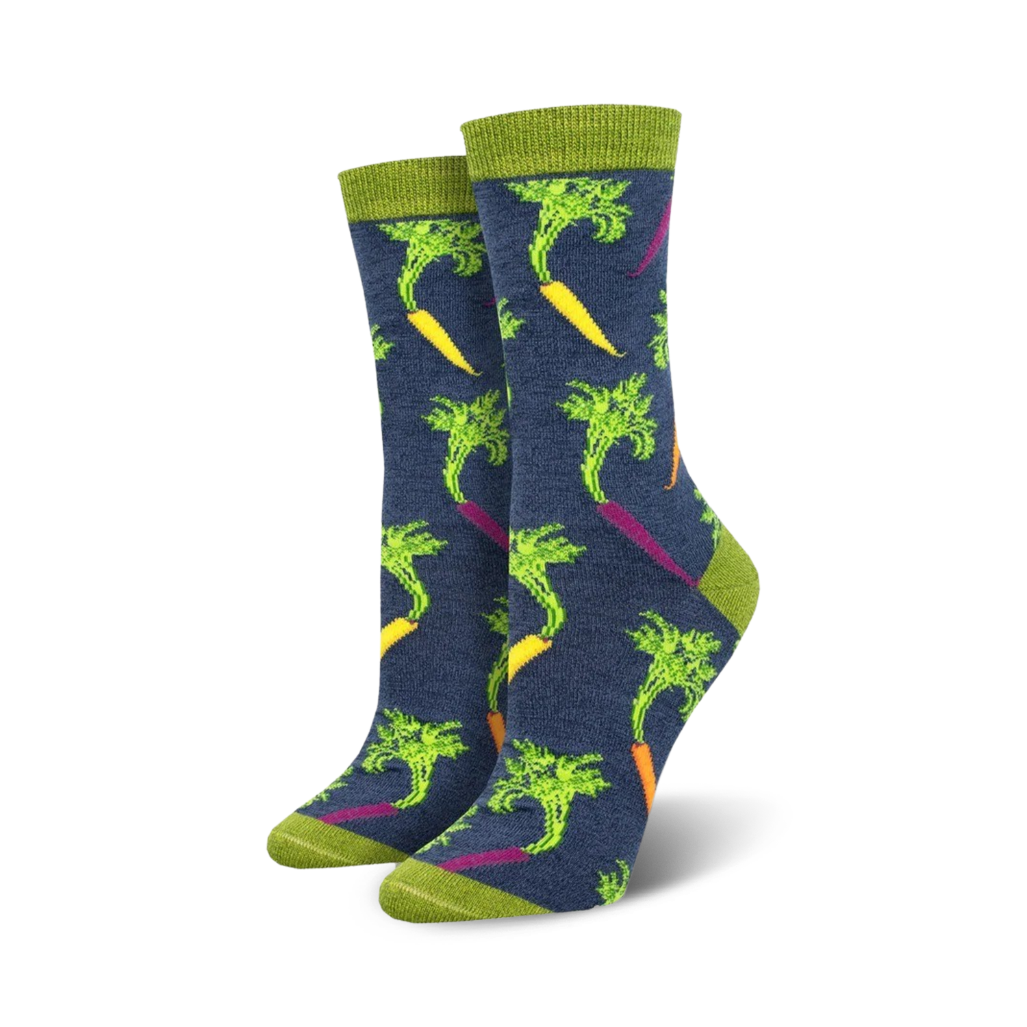 A pair of women's crew socks in navy blue with a colorful carrot pattern.  The carrots are orange, yellow, and purple, with green tops, on a dark blue background.  Lime green cuffs.