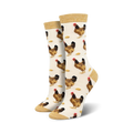 Pair of cream women's crew socks with brown chickens and light brown feed scattered across them. The socks have a gold-colored cuff.