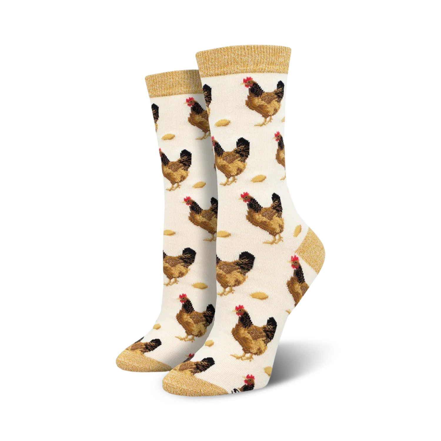 Pair of cream women's crew socks with brown chickens and light brown feed scattered across them. The socks have a gold-colored cuff.