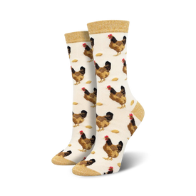 novelty crew socks for women featuring brown hen and egg pattern on cream background with gold accent.  