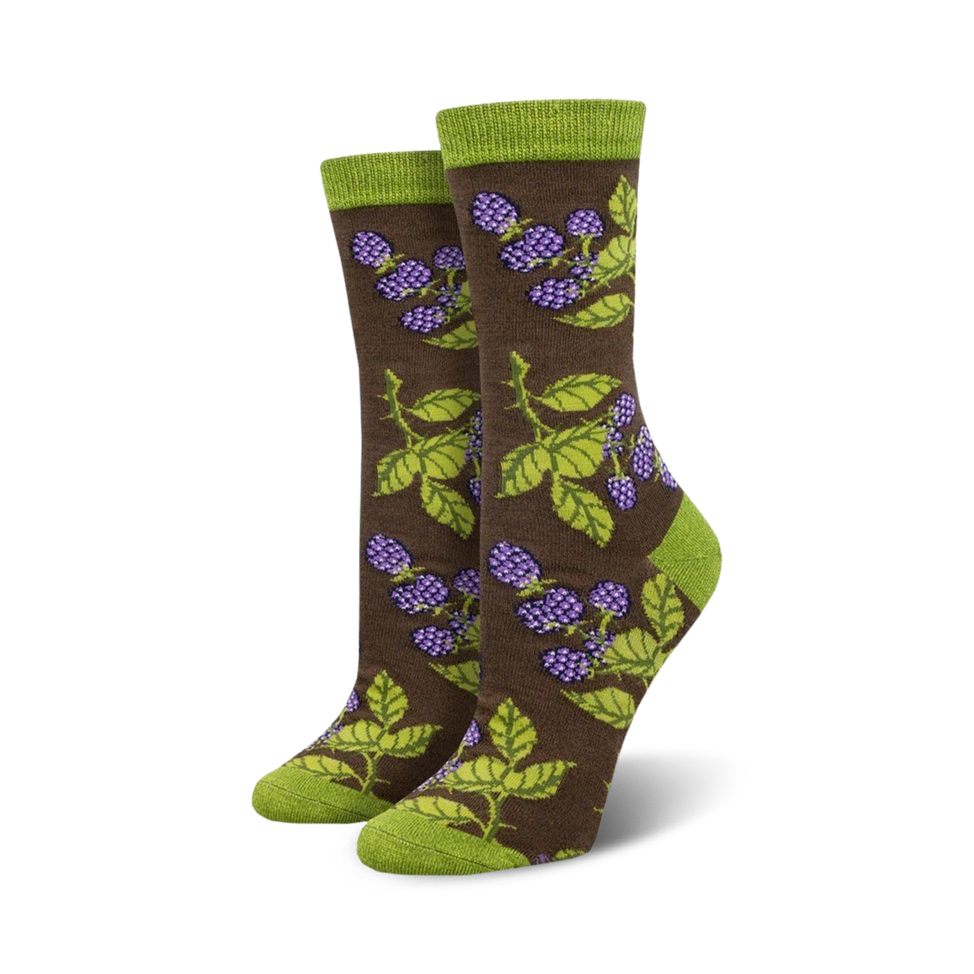 Pair of women's crew socks. Brown and purple blackberry design on a brown background. Green top cuff.