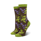 Pair of women's crew socks. Brown and purple blackberry design on a brown background. Green top cuff.