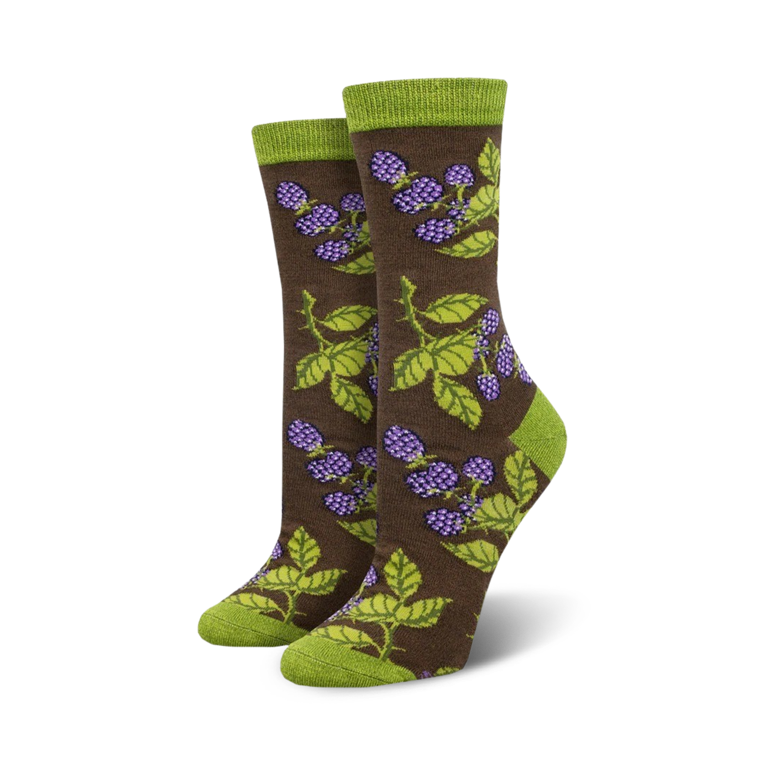 Pair of women's crew socks. Brown and purple blackberry design on a brown background. Green top cuff.