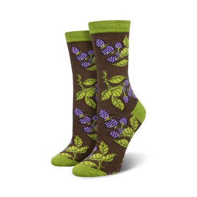 women's bunch of blackberries bamboo crew socks, green leaves, and purple blackberries pattern, brown background   