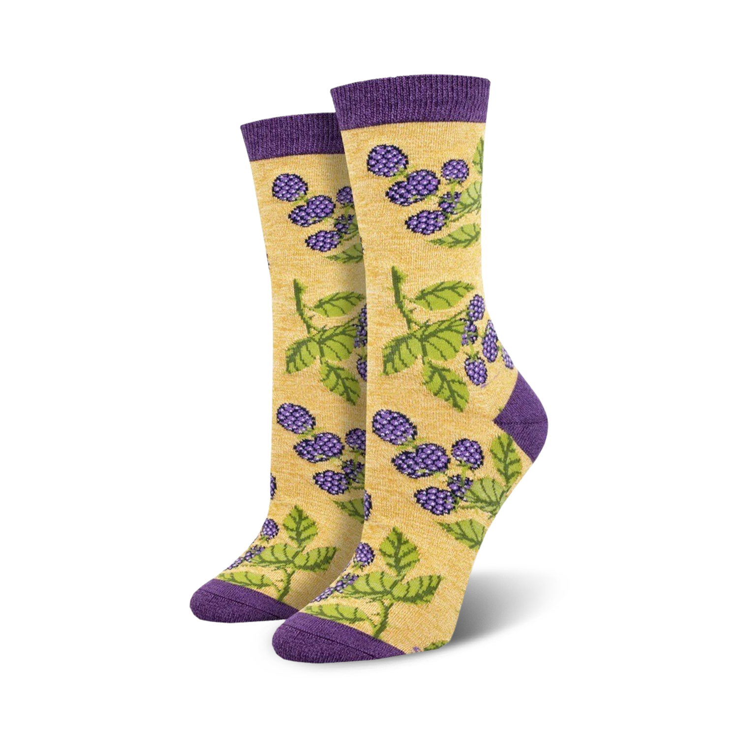 Close-up of a pair of yellow and purple blackberry socks. The socks feature a repeating pattern of blackberries and leaves.