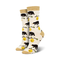 Cream crew socks with black bear and honeycomb design.  Features gold top cuff.